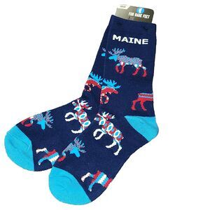 For Bare Feet Moose Print Maine Crew Socks Women's Shoes 6-11 Men's Shoes 5-10